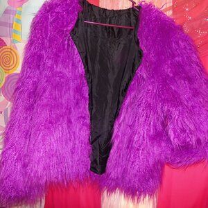 Purple Mongolian Fur Coat Big Lapel  Fur Warm Fluffy Woman Short Jacket XL NEW